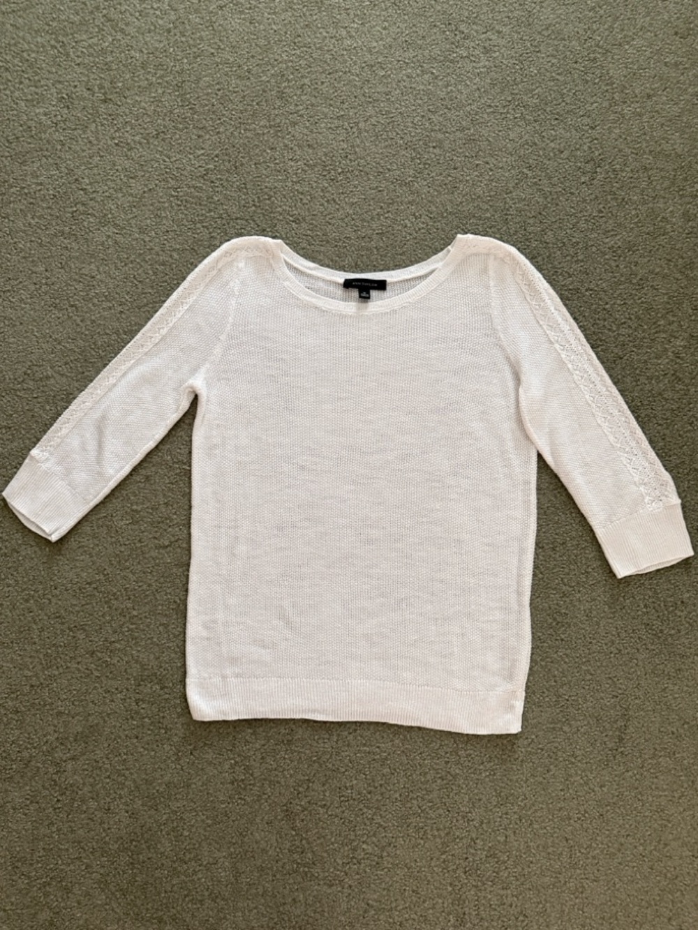 Ann Taylor White Linen Blend Crewneck Sweater Lace 3/4 Sleeve Detail Size M